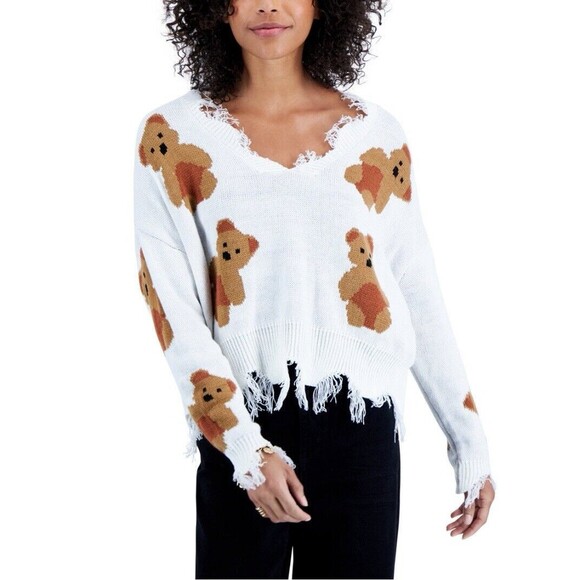 Just Polly NY Teddy Bear Sweater Women's Medium V-Neck Fray Frilly Knit - Picture 10 of 14